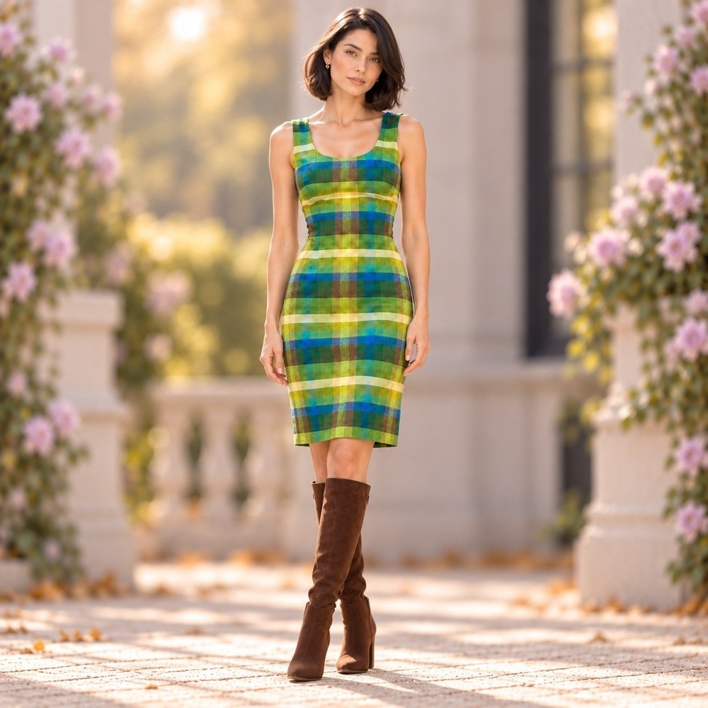 Vintage Y2K Jessica Howard Silk Sheath Dress Plaid Teal Blue Green Art Girl  8